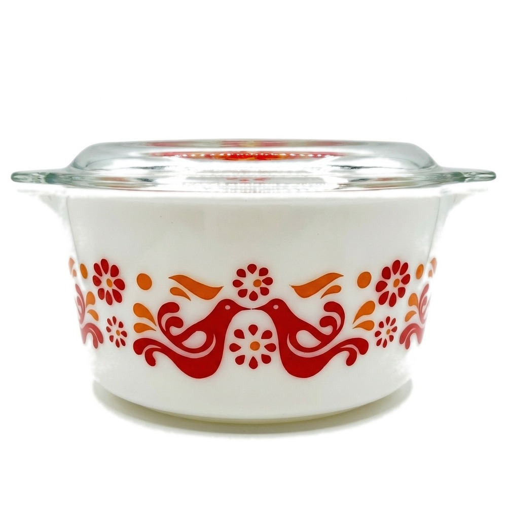 Pyrex Friendship 474-B Casserole Dish with Lid Red Orange Birds Vintage 1.5 Qt